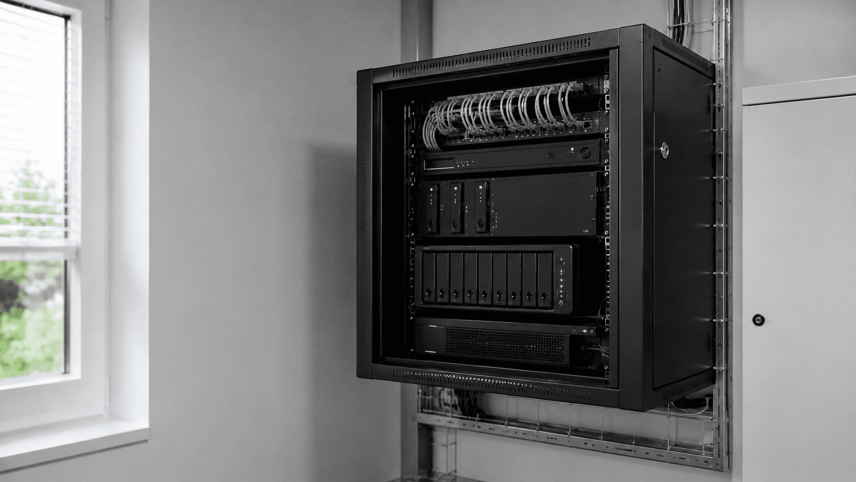 Wandmontierter Synology Serverschrank mit Netzwerktechnik und Überwachungskamera