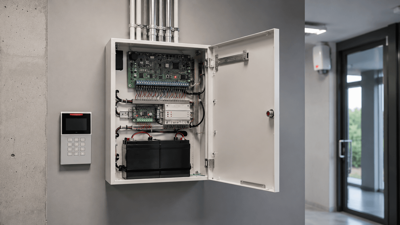 Geöffneter TELENOT Sicherungskasten mit Systemtechnik neben Bedienteil im Gebäude